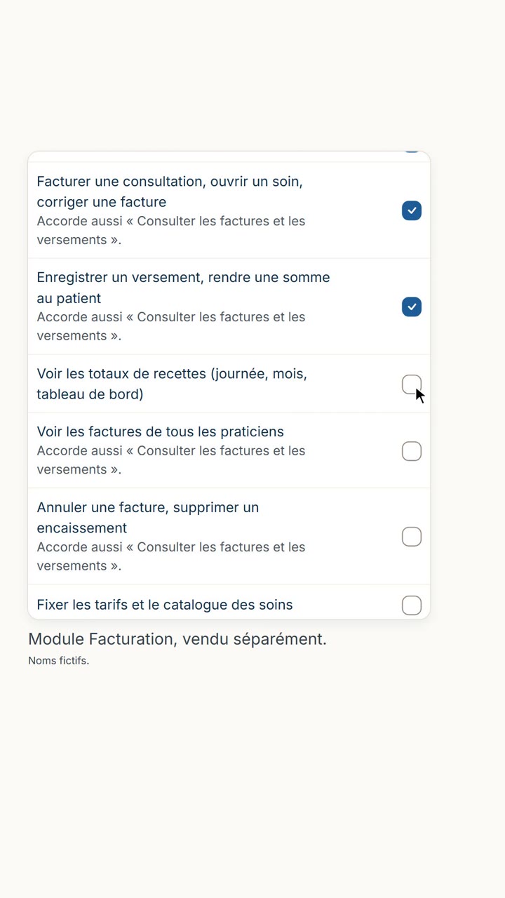 Droits du rôle Secrétariat dans la facturation (écran redessiné)